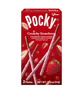 Packaging of Glico Pocky Crunchy Strawberry Biscuit Sticks featuring images of strawberry and chocolate biscuit sticks, indicating the flavor and product origin from Japan.