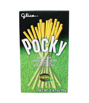 Packaging of Glico Pocky Green Tea Cream Coated Biscuit Sticks showing the product name and images of the biscuit sticks against a green background.