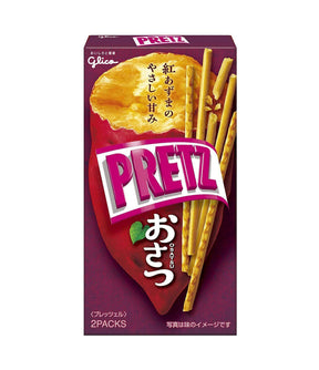 A package of Glico Pretz Sweet Potato Biscuit Sticks, with the product visible through a clear window on the box.