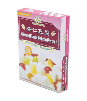 Box of Almond Flavor Gelatin Dessert with colorful graphics on a white background