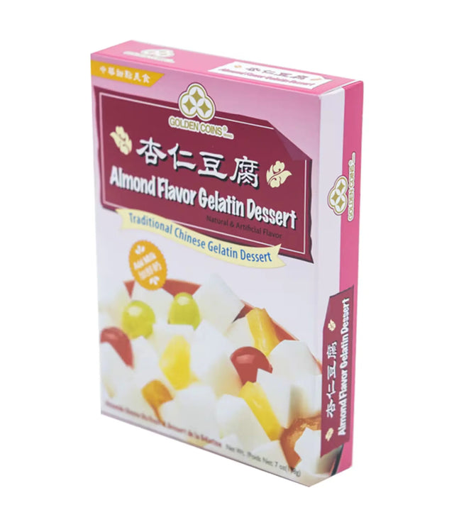 Box of Almond Flavor Gelatin Dessert with colorful graphics on a white background