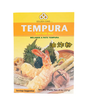 Packaging of Golden Coins Tempura Batter Mix with images of tempura dishes on a yellow background.