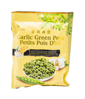Packaging for Green Fairy Garlic Green Peas. The package is yellow with an image of garlic and a bowl of green peas, indicating the product flavor.