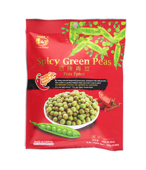 Packaging for Green Fairy Spicy Green Peas, showing the product name, image of the peas, and a chili pepper, indicating spiciness.