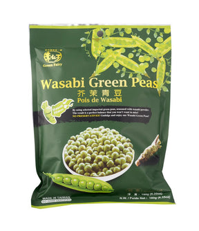A package of Green Fairy Wasabi Green Peas, showing a bowl of peas and the text 'Wasabi Green Peas' on the front.
