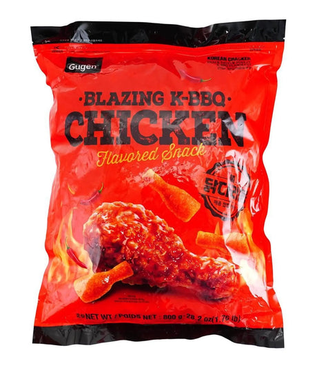 A bag of Gugger Blazing K-PBBQ Chicken Flavored Snacks, featuring a bright red packaging design with black borders, bold black text, and a graphic of a chicken leg drumstick covered in red sauce, set against a plain white background.