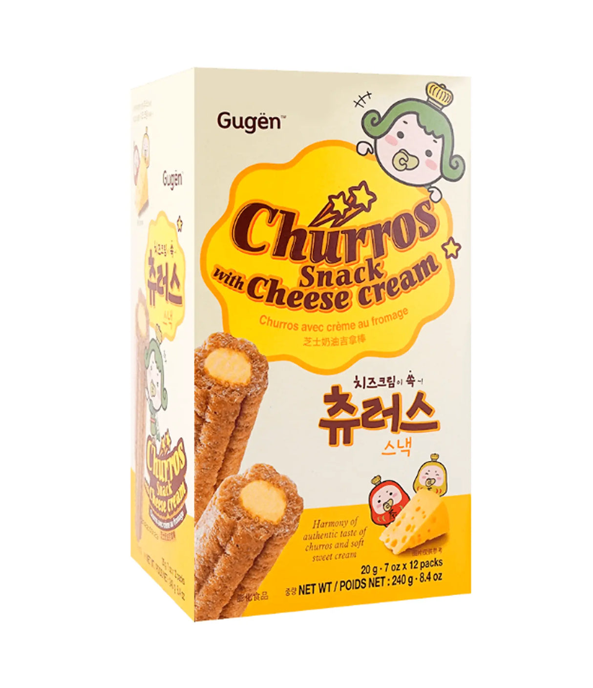 Packaging for Gugen Churros Snack with Cheese Cream, showing the product name, an illustration of the churros, and the weight of 20g.