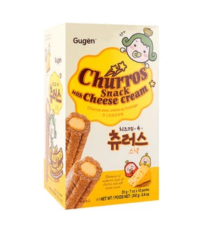 Packaging for Gugen Churros Snack with Cheese Cream, showing the product name, an illustration of the churros, and the weight of 20g.