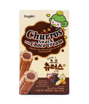 A box of Gugén Churros Snack with Choco cream, featuring illustrations of chocolate-filled churros and a cute green-haired cartoon character on a cream-colored background.