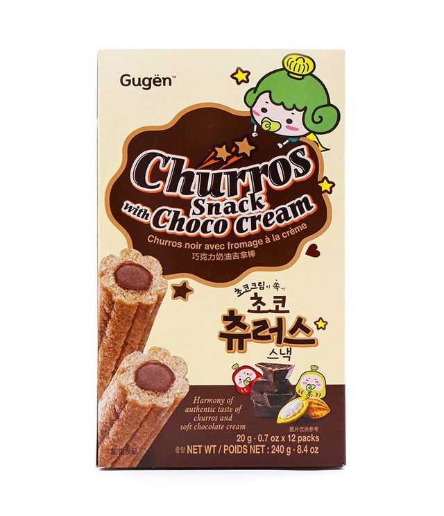 A box of Gugén Churros Snack with Choco cream, featuring illustrations of chocolate-filled churros and a cute green-haired cartoon character on a cream-colored background.