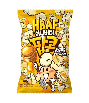 A package of HBAF Honey Butter Popcorn featuring an illustration of a cartoon popcorn character, with honey butter popcorn depicted in the background.