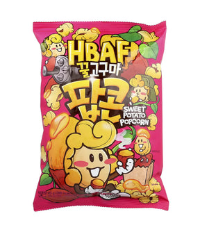 Colorful packaging of HBAF Sweet Potato Popcorn with cartoon characters on a white background