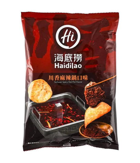 A package of Haidilao Chinese spicy hot pot flavored potato chips, featuring a dark red and black bag with illustrations of chips dipped in red oil.