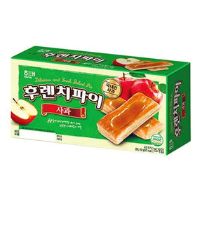 Box of fruit-flavored pastry with green packaging and images of apples on a white background