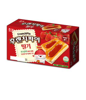 Red packaging of French Pie with strawberry flavor on a white background