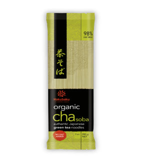 A package of Hakubaku Organic Cha Soba noodles, which are green tea flavored, 200g.