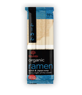 Packaging of Hakubaku Organic Ramen noodles showing the product name and organic certification logos.