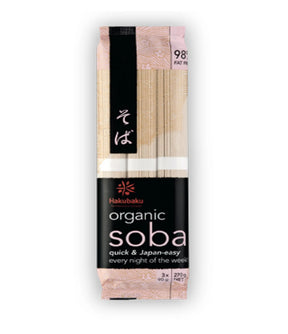 Packaging of Hakubaku Organic Soba noodles showing the product name and organic certification logos.