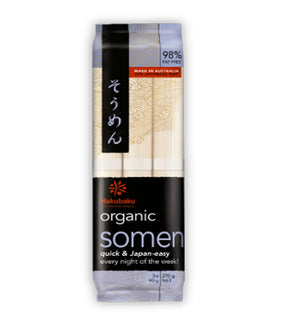 Packaging of Hakubaku Organic Somen noodles showing the product name and organic certification logos.
