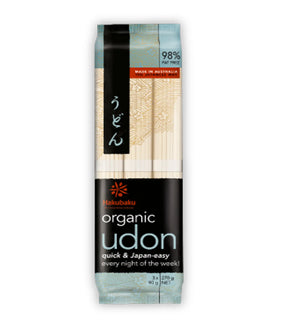 Packaging of Hakubaku Organic Udon noodles showing the product name and organic certification logos.