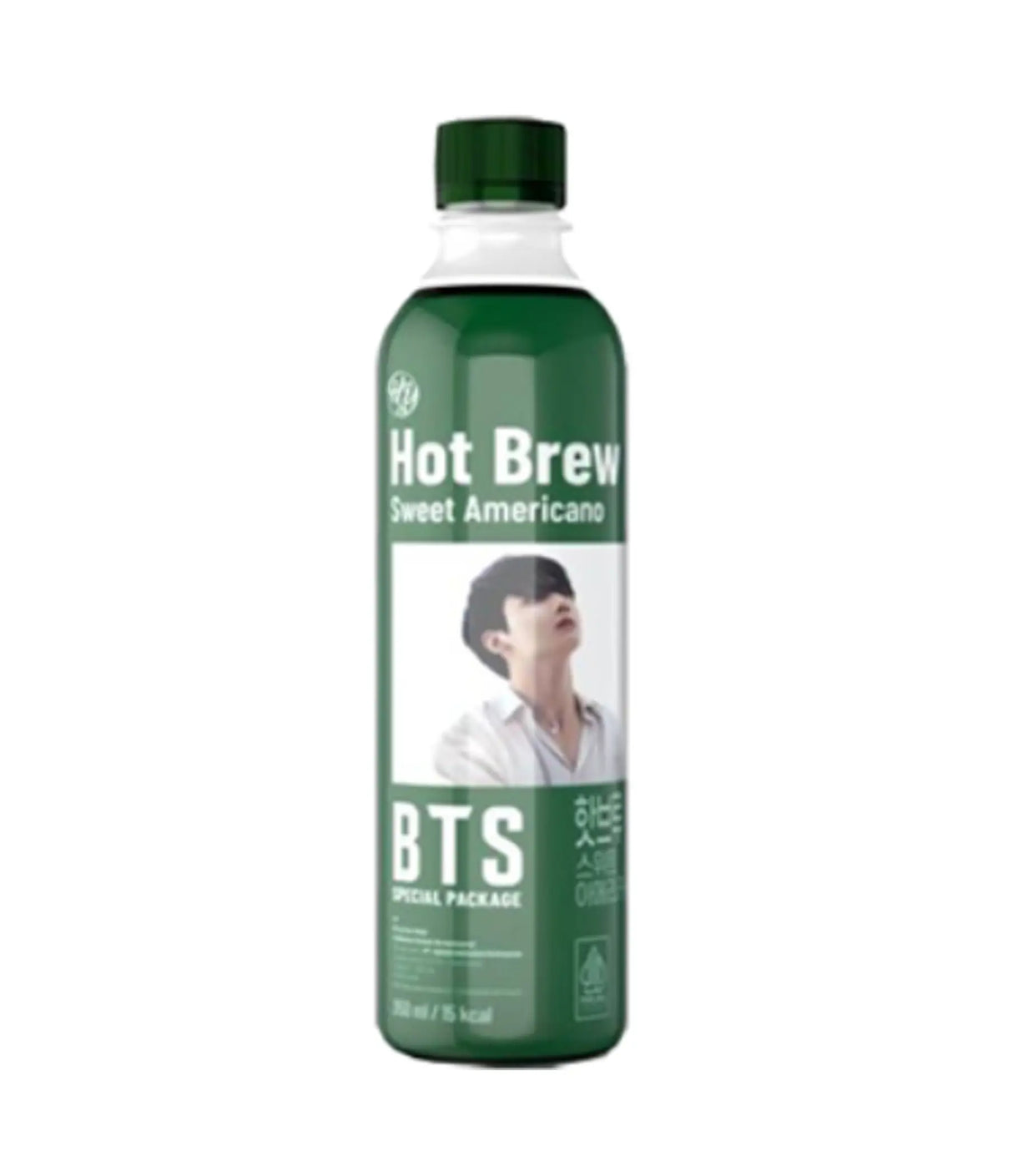 BTS branded coffee bottle with an image of a person on the label, labeled as 'Hot Brew Sweet Americano'.