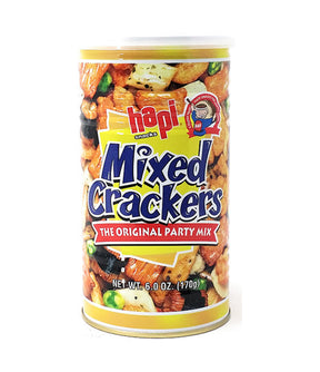 A can of Hapi Mixed Crackers showing various types of crackers inside, with the brand logo and name prominently displayed.