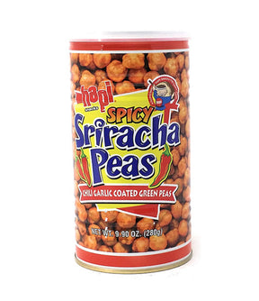 A can of Hapi Spicy Sriracha Peas, with the product visible through a clear window on the can.
