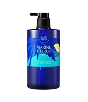 Blue bottle of Happy Bath Marine Citrus shower gel on a white background