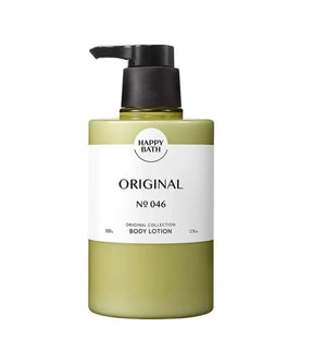 Body lotion bottle with pump labeled 'Happy Bath Original No 046' on a white background