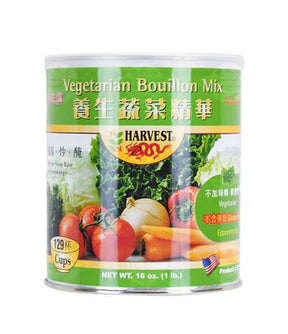A can of Harvest brand Vegetarian Bouillon Mix, showing various vegetables on the label and indicating it is vegan and vegetarian friendly.