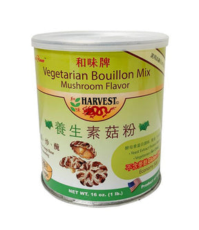 A can of Harvest brand Vegetarian Bouillon Mix with Mushroom Flavor, 453.5g, with labels indicating it's gluten free, vegan, and vegetarian.
