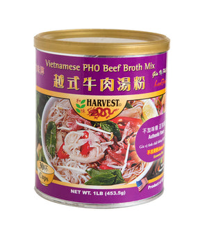 A can of Harvest brand Vietnamese Pho Beef Broth Mix, showing an image of a bowl of pho soup with beef and vegetables.