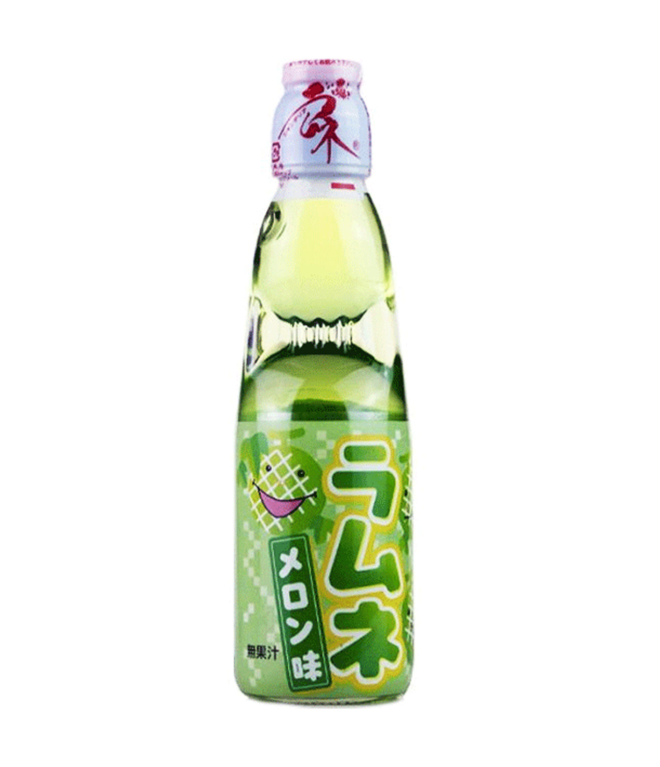 A bottle of Hata Ramune Soda with melon flavor, predominantly green in color with Japanese text and branding.