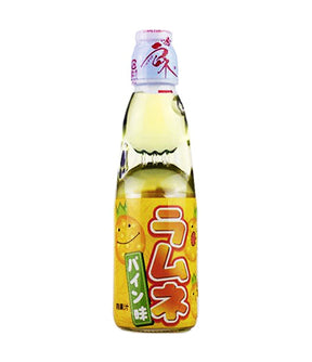 A bottle of Hata Ramune Soda with Pineapple Flavor, 200ml, with Japanese text and graphics on the label.