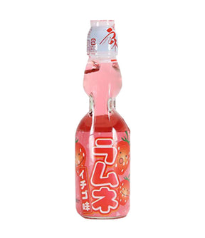 A bottle of Hata Ramune Soda with Strawberry Flavor, 200ml, with Japanese text and graphics on the label.