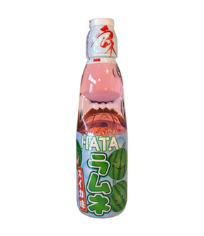 A bottle of Hata Ramune Soda with watermelon flavor, predominantly pink in color with a Japanese label.