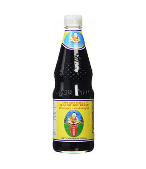 Bottle of Healthy Boy Thin Soy Sauce with product information and branding visible on the label.