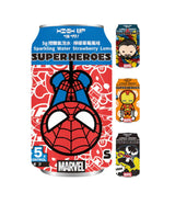 Marvel superhero-themed cans and packaging on a white background