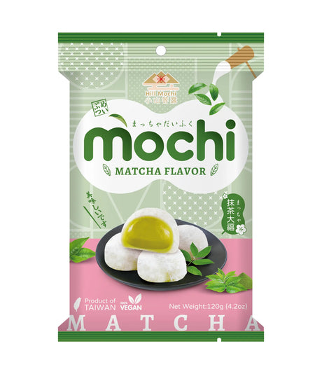 Packaging of mochi with matcha flavor on a white background
