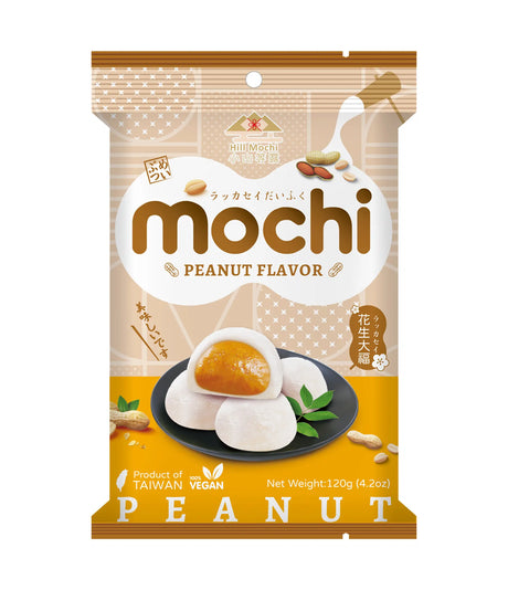 Peanut-flavored mochi package with branding and product details on a white background