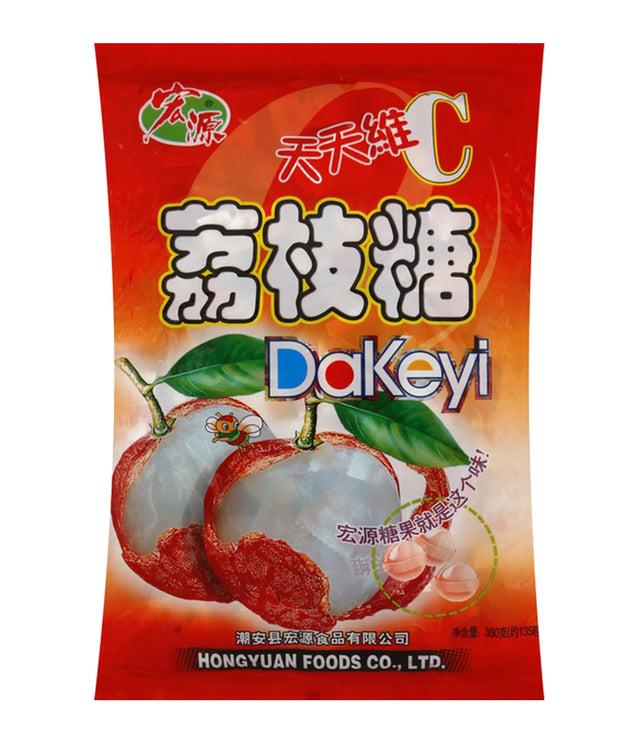 A red stand-up pouch of DaKeyi lychee candy, featuring illustrations of sliced red lychees on a white background.