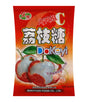 A red stand-up pouch of DaKeyi lychee candy, featuring illustrations of sliced red lychees on a white background.