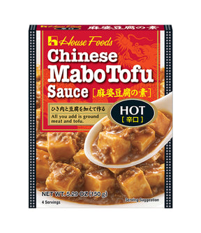 Packaging of House Foods Chinese Mabo Tofu Sauce showing the product name, an image of tofu and meat in sauce, and the text 'HOT' indicating a spicy flavor.