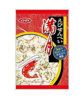 Packaged snack with shrimp illustration and Japanese text on a red background
