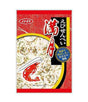 Packaged snack with shrimp illustration and Japanese text on a red background