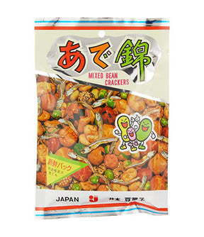 A package of Imoto Mixed Bean Crackers showing various beans and crackers through a clear window.