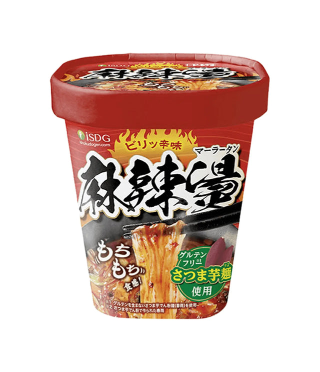 A cup of ISDG Japanese instant noodles, specifically their 'Bitter Hot' (BirrōTakayaki) spicy marinated noodle soup, in a red plastic cup with a detailed label showing noodles and red peppers.