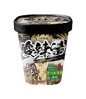 A cup of ISDG Japanese instant ramen with spicy sour flavor, featuring a black lid and a label with black, white, and green graphics, set against a plain white background.