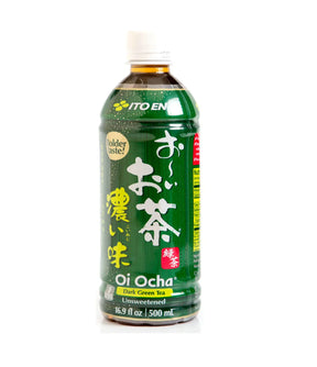 Bottle of Ito En Unsweetened Dark Green Tea, 500ml, with Japanese text on the label.