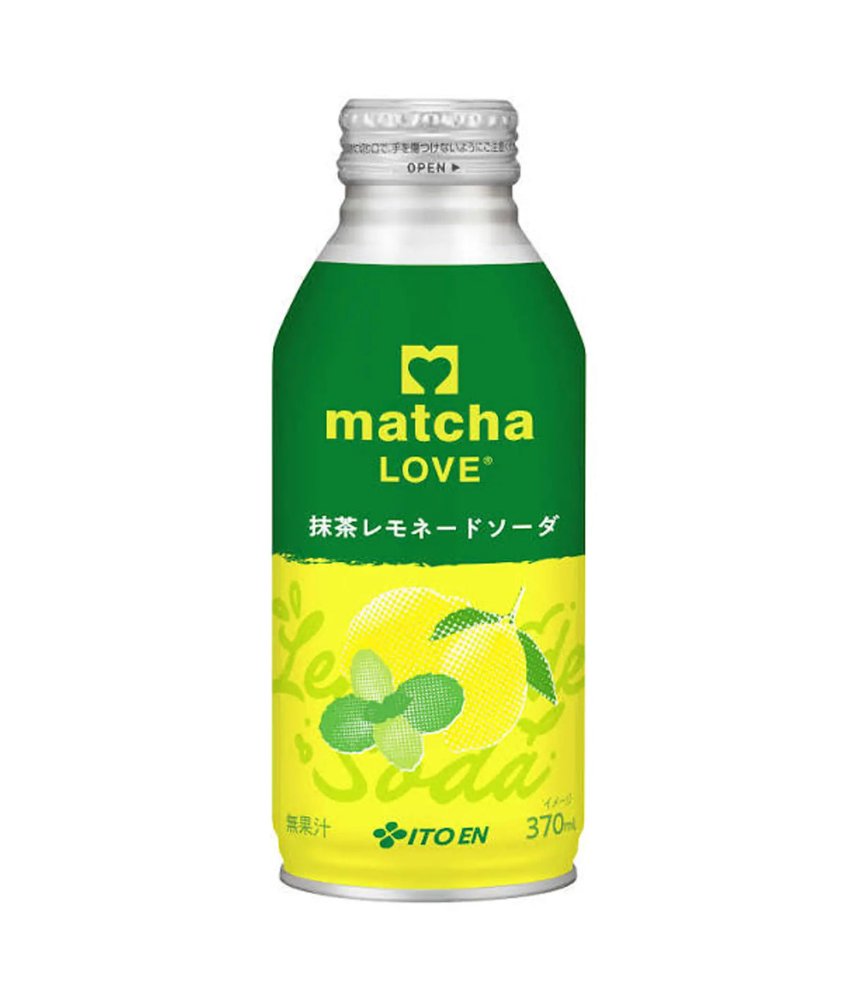 A 370ml bottle of ITO EN Matcha Love Lemon Soda, featuring a green and yellow label with illustrations of a lemon and mint leaves, on a solid white background.